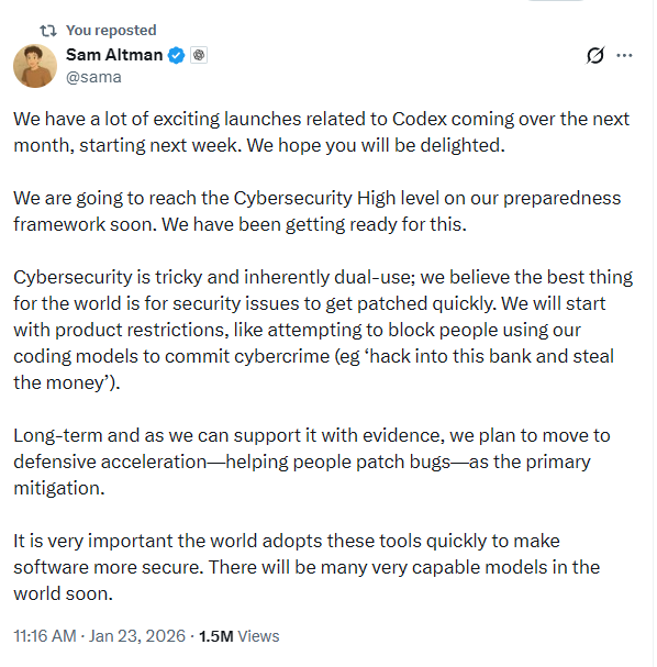 Sam Altman Tweet on OpenAI Codex and Cybersecurity