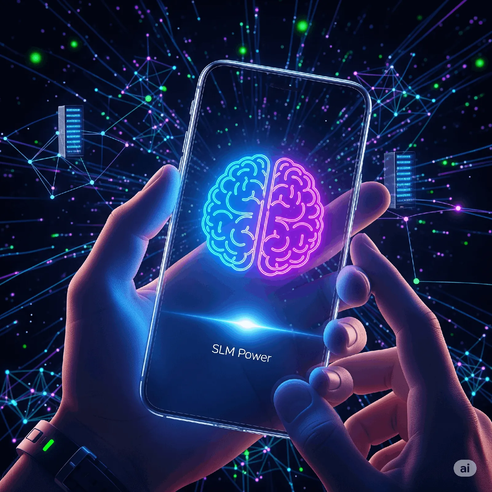 A futuristic image depicting a smartphone with a glowing brain icon on the screen, symbolizing the power of Small Language Models running on personal devices. The background shows data streams and network connections, representing edge computing.
