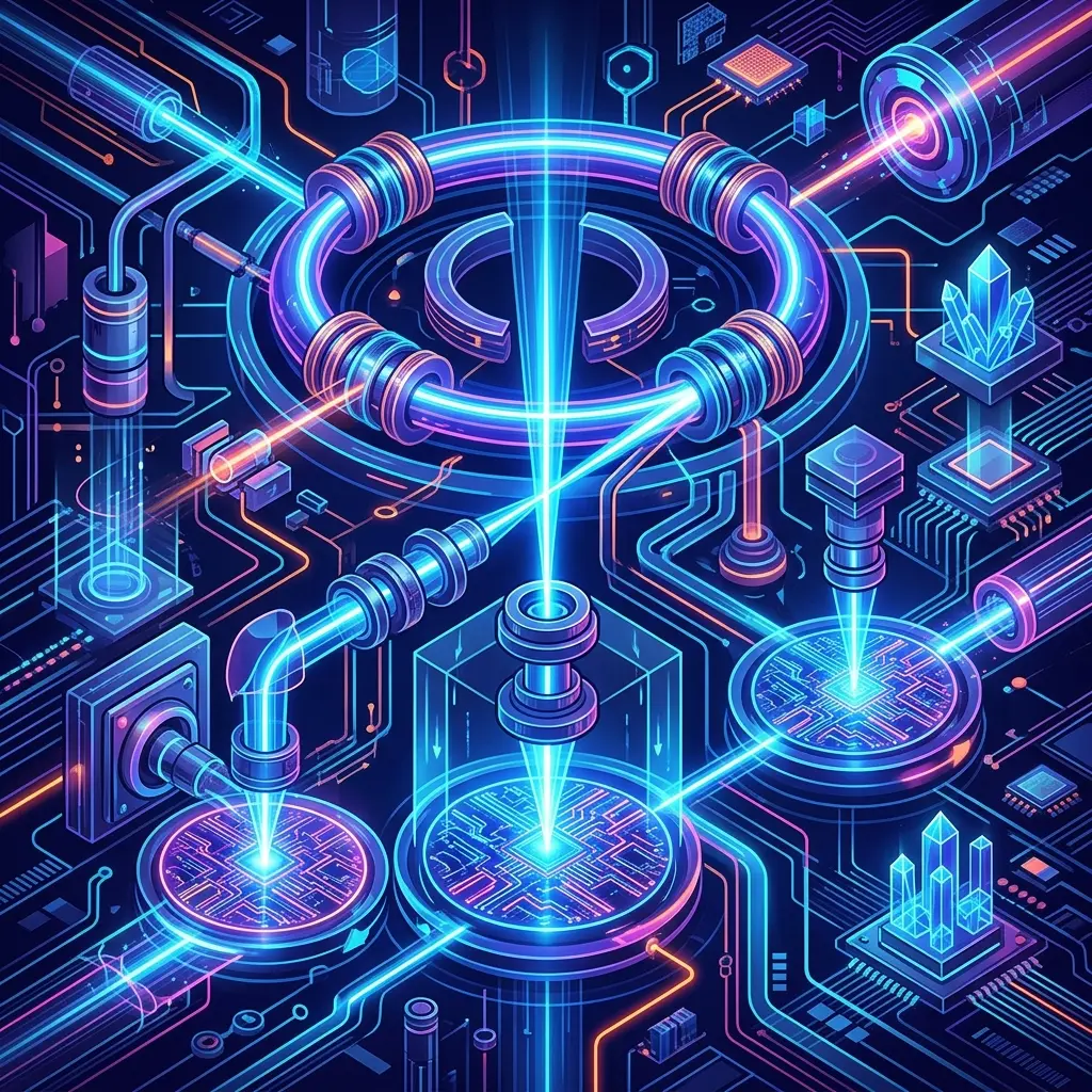 Abstract visualization of X-ray lithography particle beams striking a glowing silicon wafer.