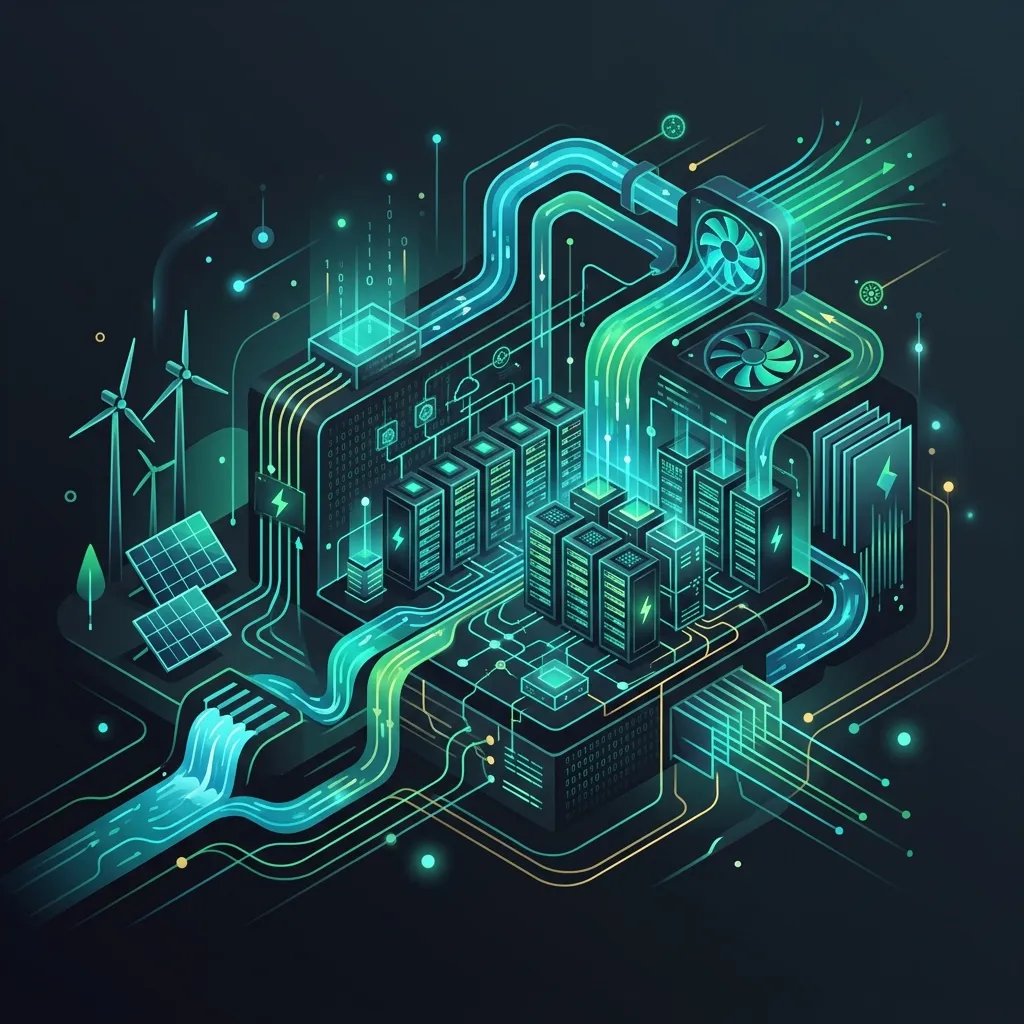 Abstract tech representation of sustainable green AI data center infrastructure.