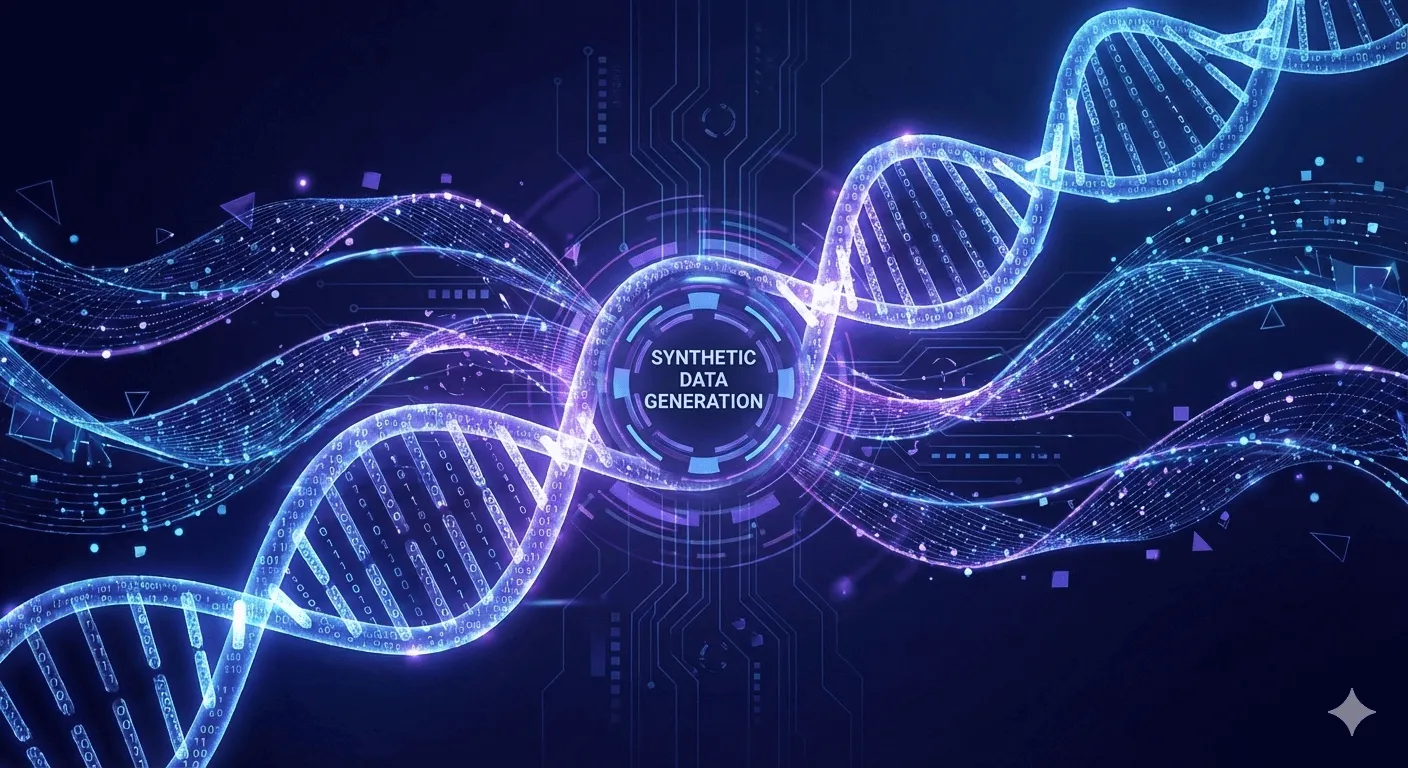 Abstract visualization of synthetic data generation with digital DNA strands and glowing data streams