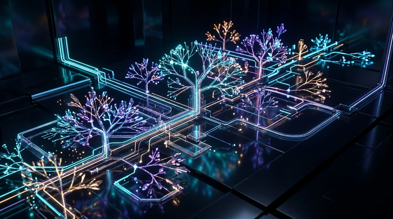 Abstract 3D architectural visualization of AI experimental research taste benchmark and hypothesis iteration.