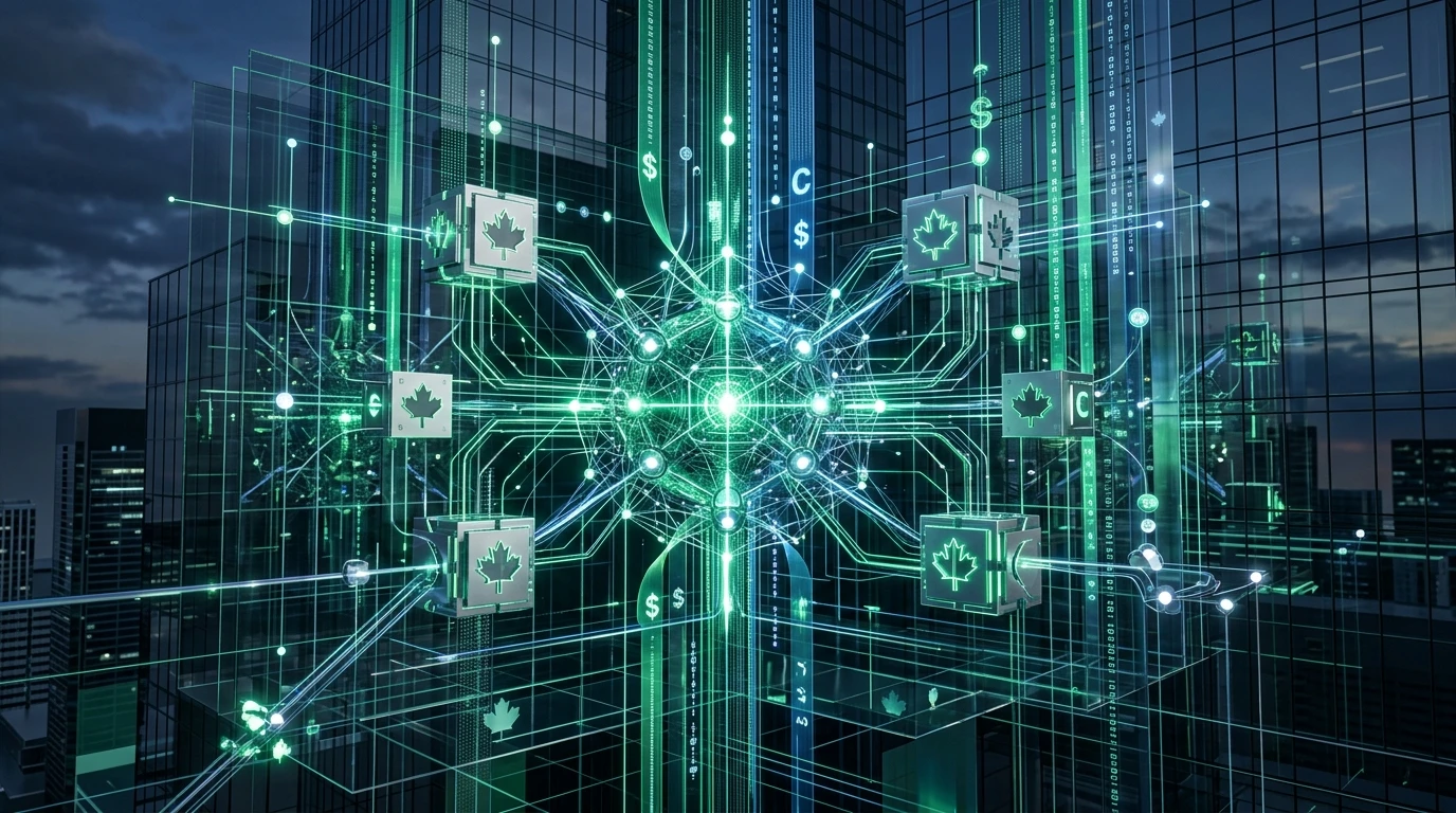 Abstract 3D digital illustration of Canadian sovereign banking AI infrastructure with glowing neural nodes and financial matrices.