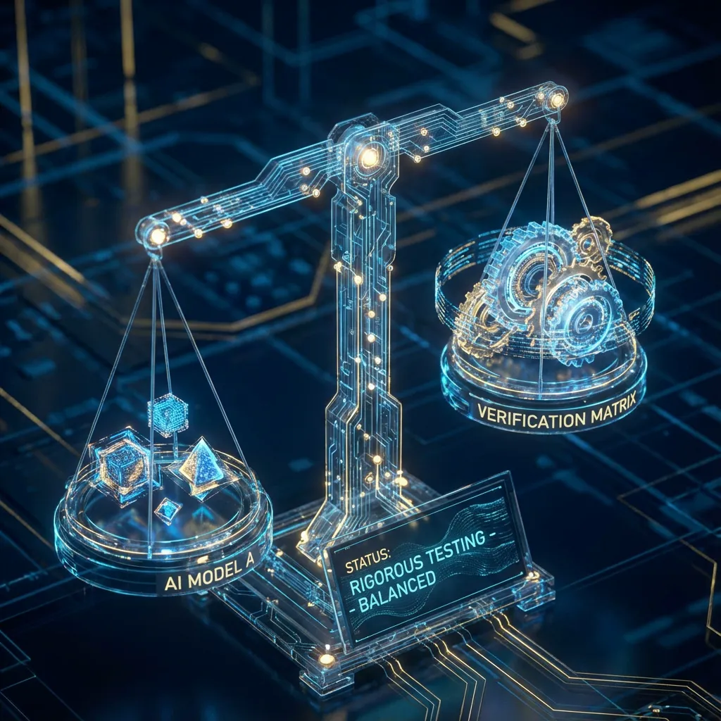 Abstract visualization of AI systems grading other AI systems, rigorous testing, checks and balances, gold and dark blue tech aesthetic.