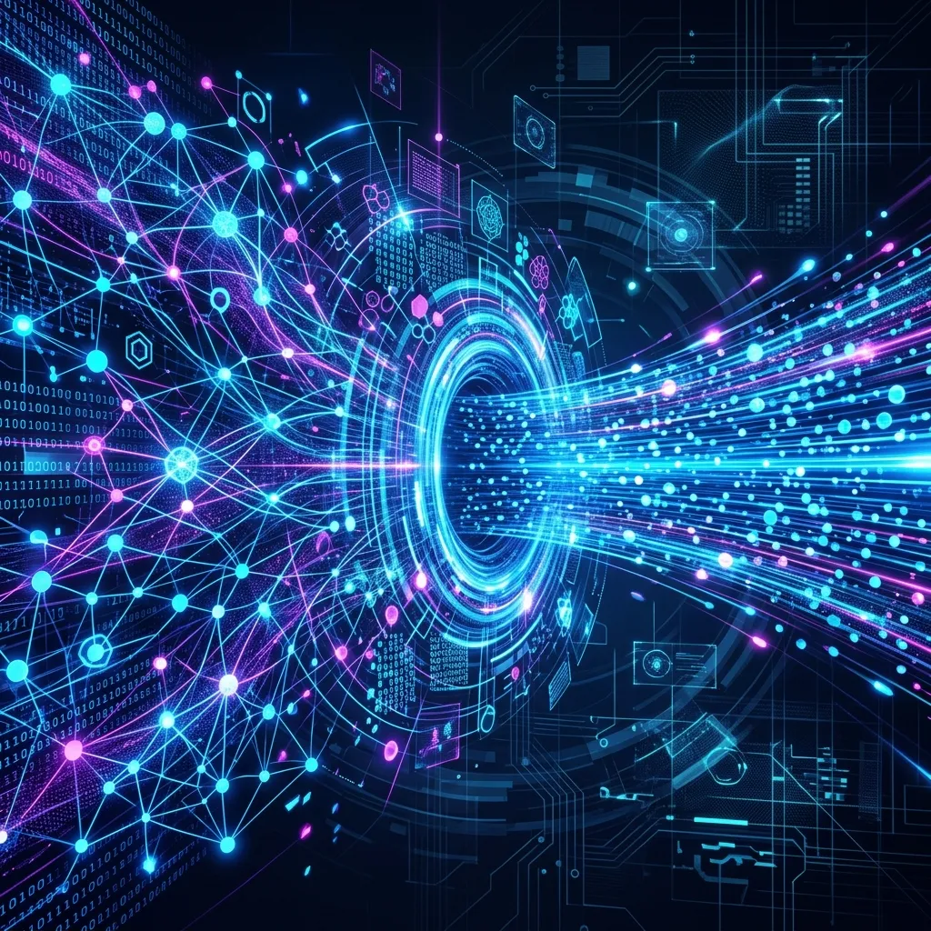 Abstract tech-focused visualization of AI data vectors being compressed.