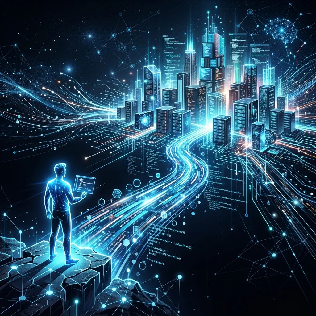 A glowing digital bridge connecting a single founder to a massive cloud city, representing the democratization of tech thru agentic workflows.