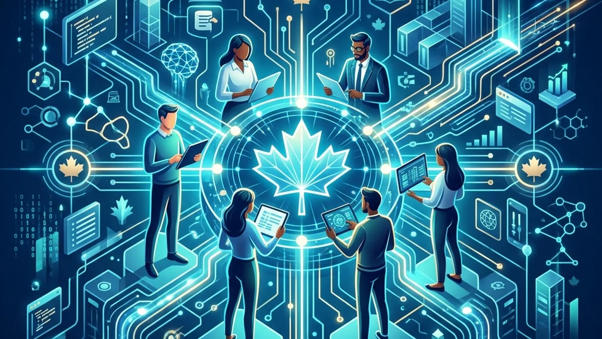 Abstract digital network representing collaborative AI talent training and professional education in Canada.