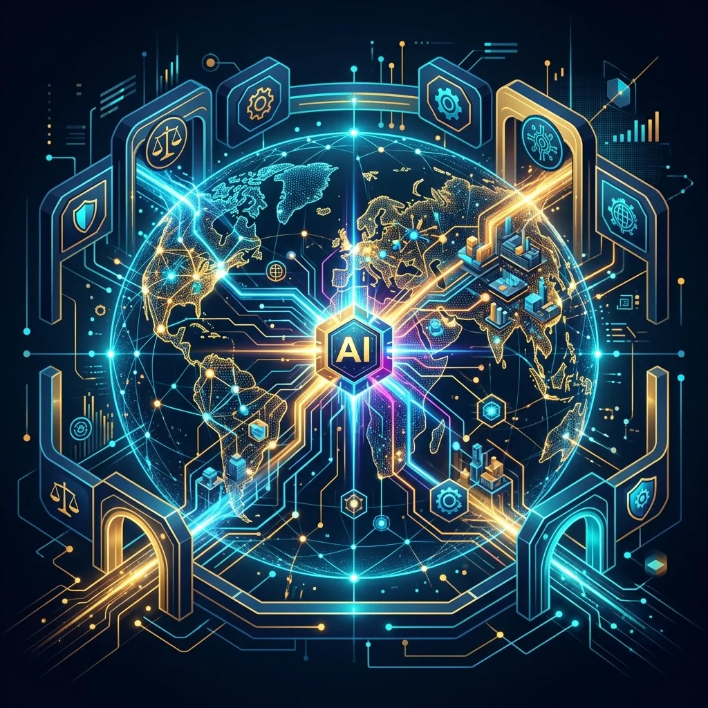 Abstract digital illustration of policy guardrails, global economic networks, and AI pathways.