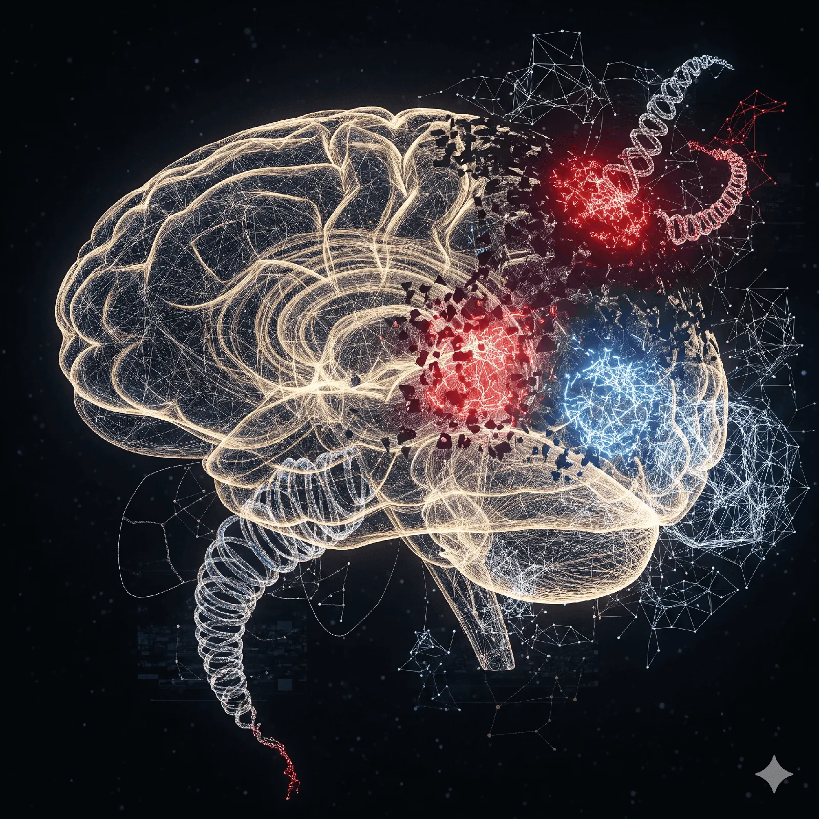 A futuristic image depicting a stylized brain with glowing neural pathways, where some connections are fragmented or lead to dead ends, visually representing the concept of AI hallucination.