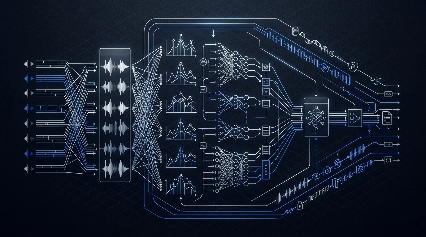 Minimalist dark slate blueprint schematic illustrating xAI Grok Voice Transcribe 2.0 multi-channel streaming speech architecture.